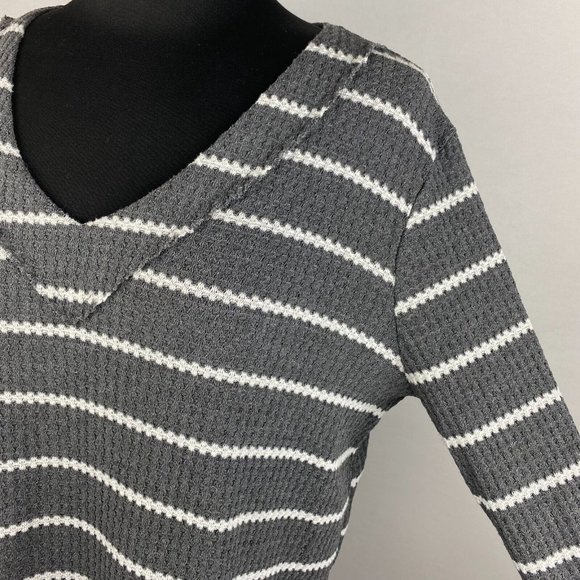 Altar'd State S Gray White Stripe Waffle Knit Long Sleeve Top Rounded Hem - Picture 4 of 12